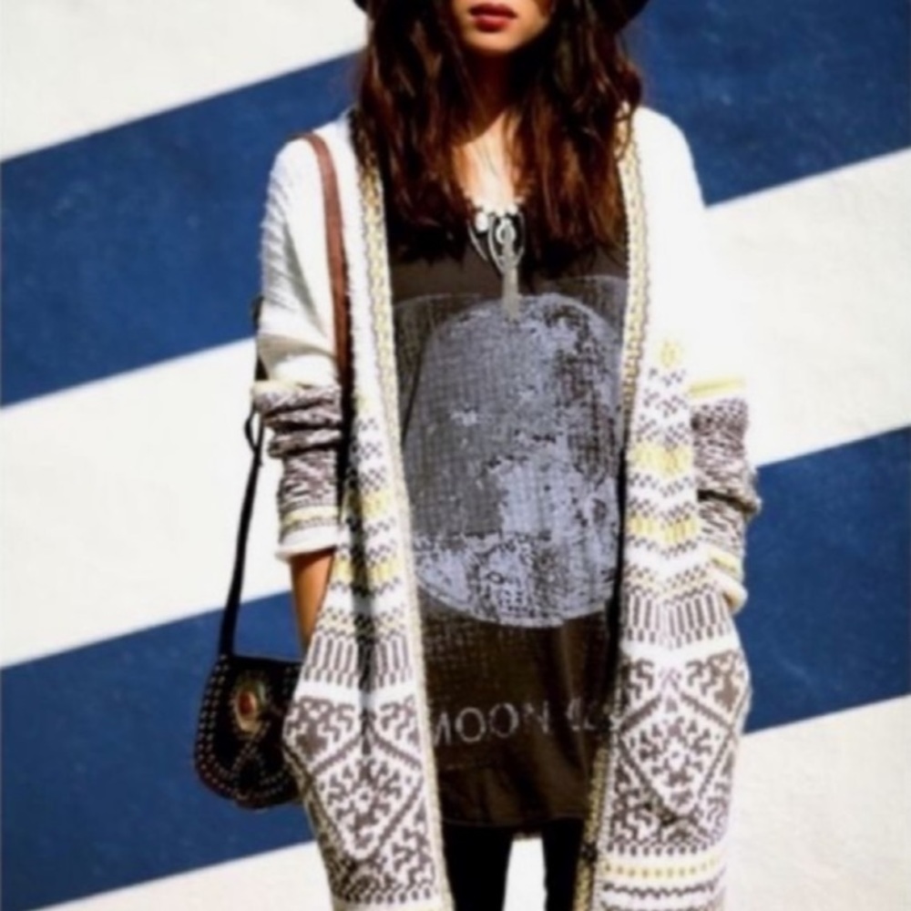 Free People Annabelle Snap Front Long Wool Blend Cardigan Gray Cream Green